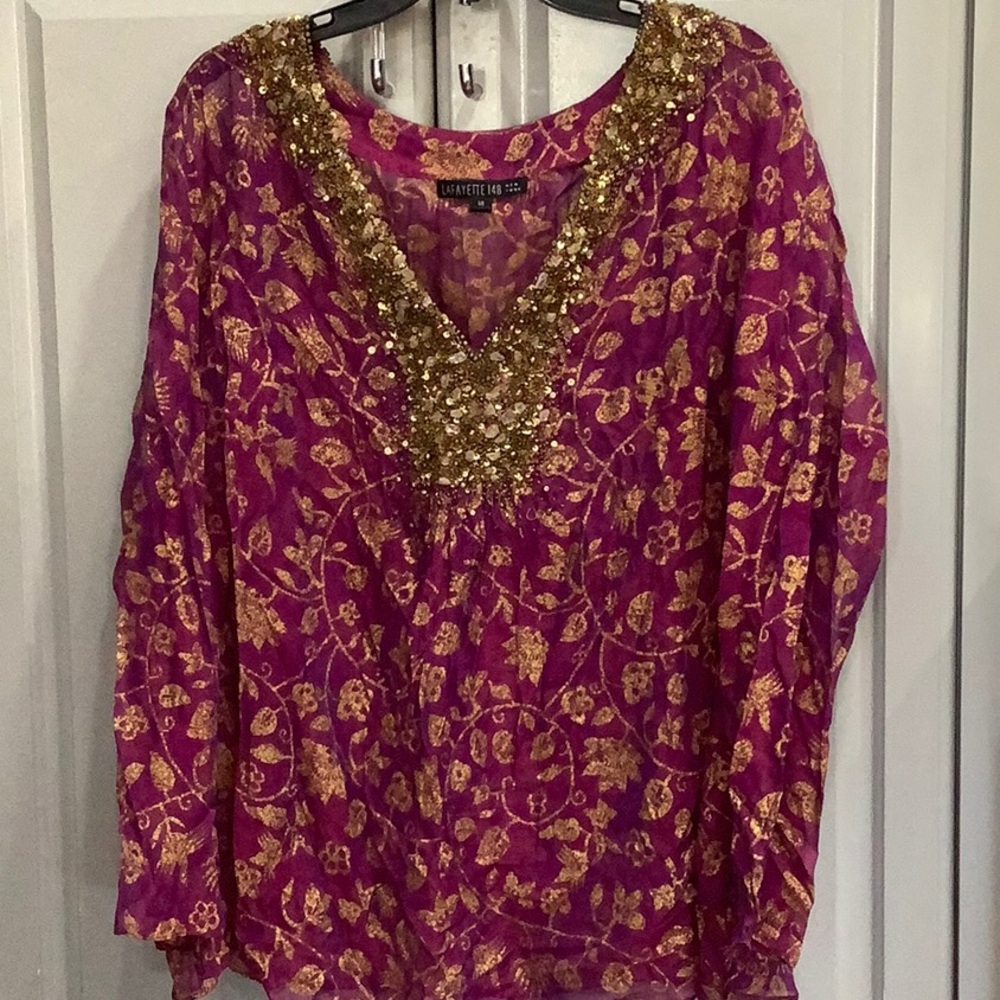 Lafayette 148 Women gold sequin beads Floral Top Smocked Chiffon Crinkled Sz 18